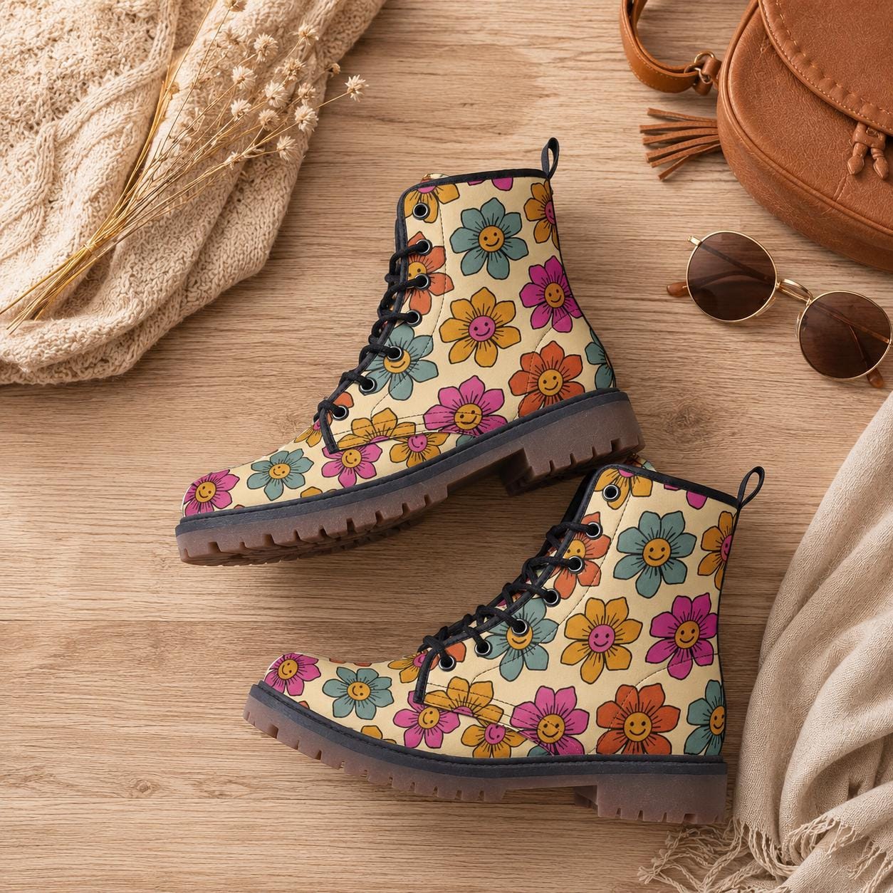 Vegan Combat Boots with Flower Pattern, Festival, Hippie