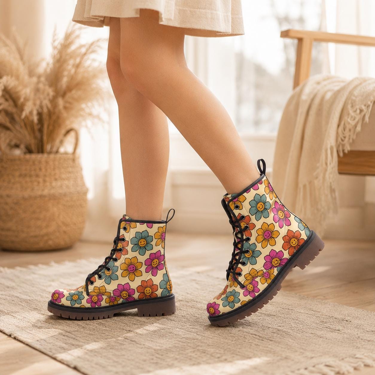 Vegan Combat Boots with Flower Pattern, Festival, Hippie