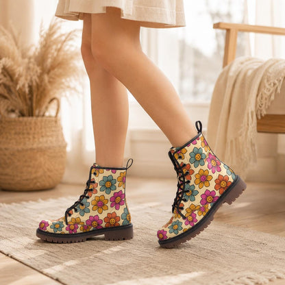 Vegan Combat Boots with Flower Pattern, Festival, Hippie