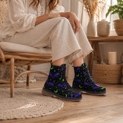 Bat Combat Boots, Moon Star Goth Ankle Boots, Witchy Alternative Footwear