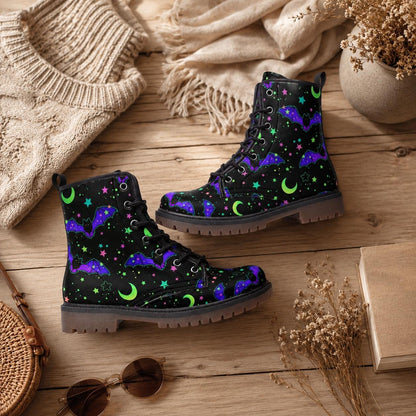 Bat Combat Boots, Moon Star Goth Ankle Boots, Witchy Alternative Footwear