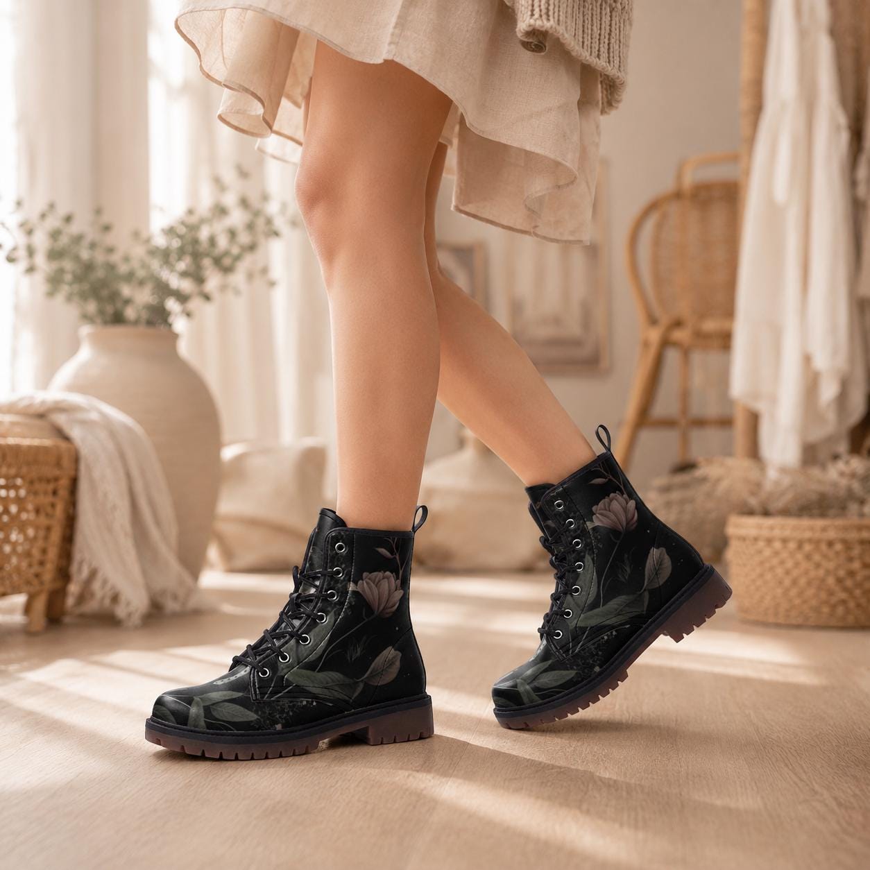 Golden Sun Moon Combat Boots, Celestial Floral Witchy Festival Shoes, Mystical Luminous Style