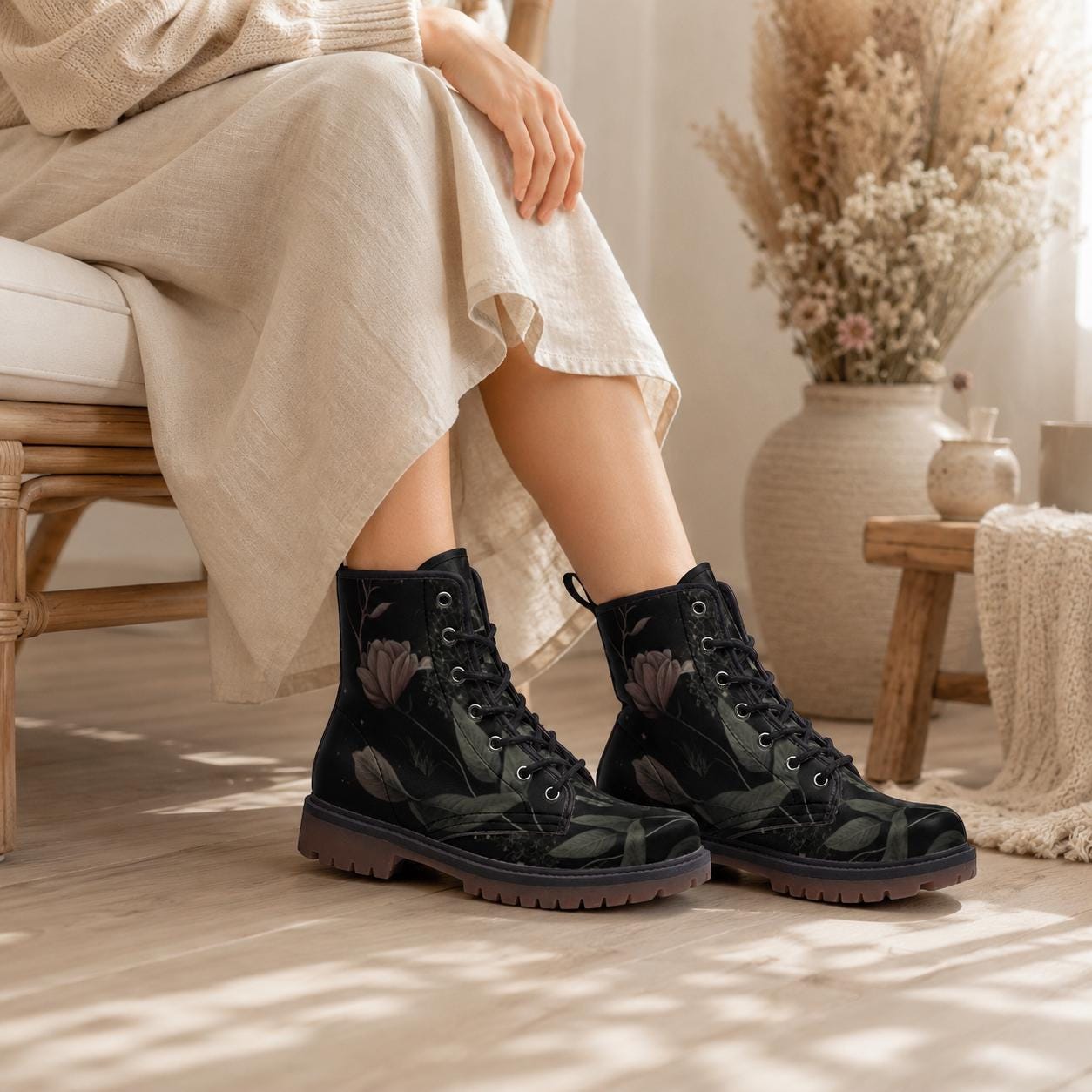 Golden Sun Moon Combat Boots, Celestial Floral Witchy Festival Shoes, Mystical Luminous Style