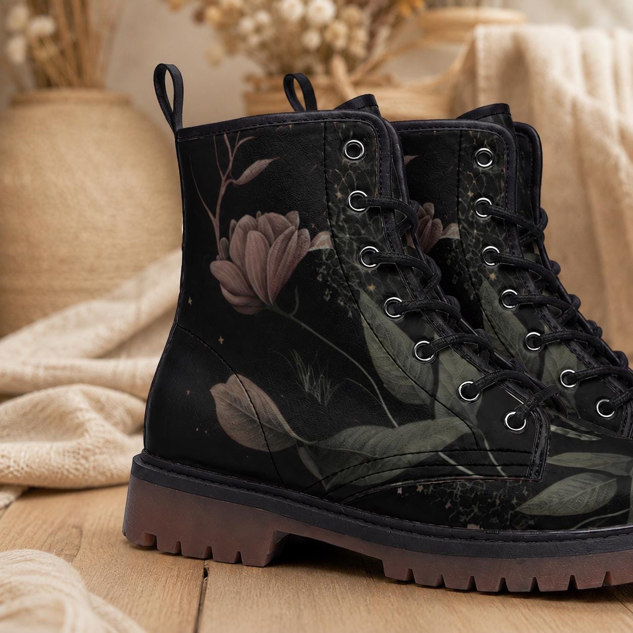 Golden Sun Moon Combat Boots, Celestial Floral Witchy Festival Shoes, Mystical Luminous Style
