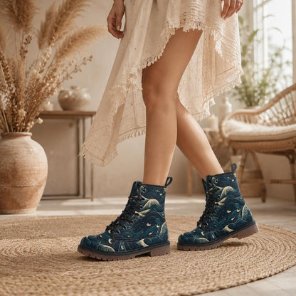 Celestial Ocean Wave Boots, Mystical Sea Combat Shoes, Witchy Festival Style