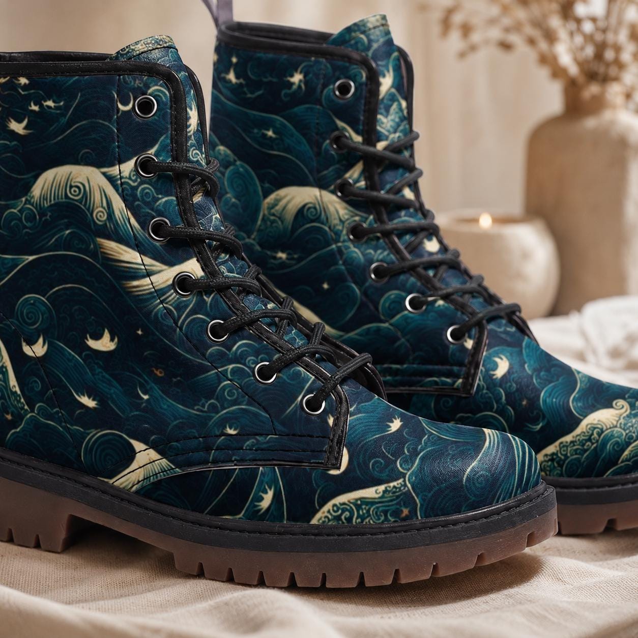 Celestial Ocean Wave Boots, Mystical Sea Combat Shoes, Witchy Festival Style