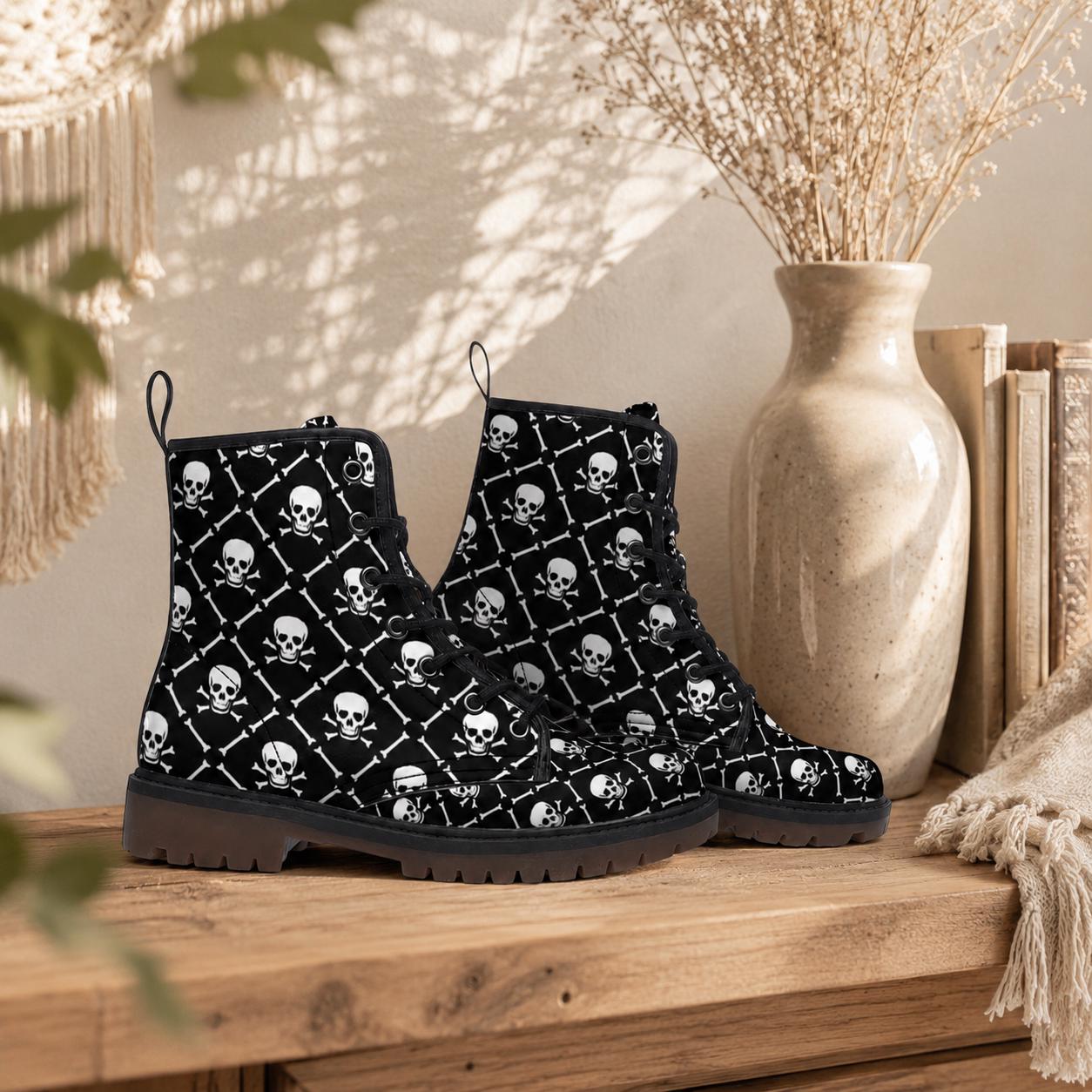 Skull Combat Boots, Punk Grunge Lace Up Shoes, Black Goth Biker Boots