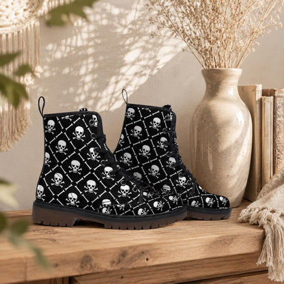 Skull Combat Boots, Punk Grunge Lace Up Shoes, Black Goth Biker Boots
