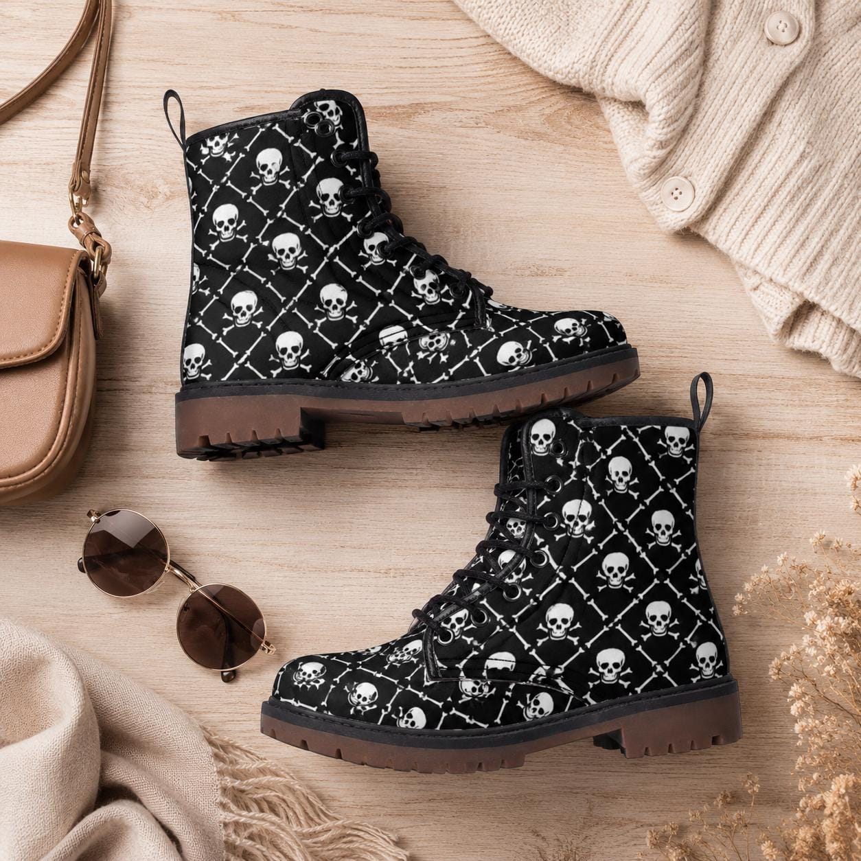 Skull Combat Boots, Punk Grunge Lace Up Shoes, Black Goth Biker Boots