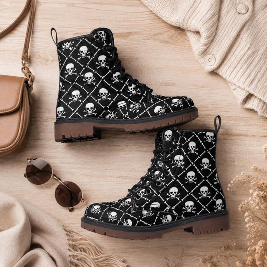 Skull Combat Boots, Punk Grunge Lace Up Shoes, Black Goth Biker Boots