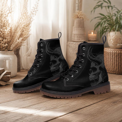 Gothic Skull Vegan Leather Combat Boots, Unisex Punk Lace-Up Ankle Shoes