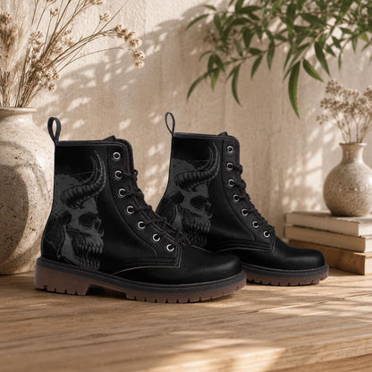 Gothic Skull Vegan Leather Combat Boots, Unisex Punk Lace-Up Ankle Shoes