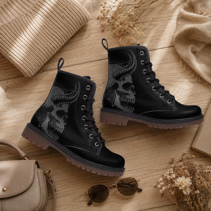 Gothic Skull Vegan Leather Combat Boots, Unisex Punk Lace-Up Ankle Shoes