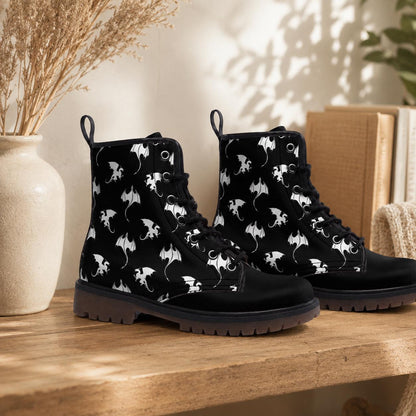White dragon combat boots, fantasy lace-up shoes, vegan leather