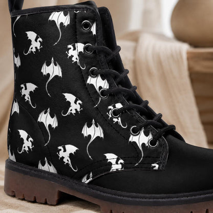 White dragon combat boots, fantasy lace-up shoes, vegan leather