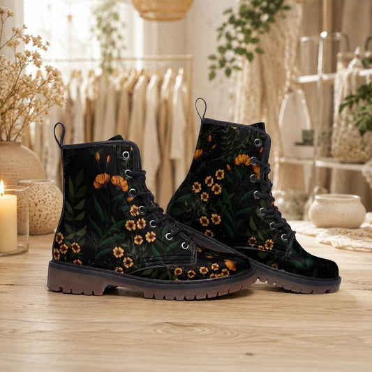 Black Floral Combat Boots, Cottage Goth Lace Up Ankle Boots, Moody Garden Shoes