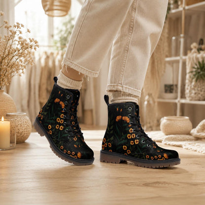 Black Floral Combat Boots, Cottage Goth Lace Up Ankle Boots, Moody Garden Shoes