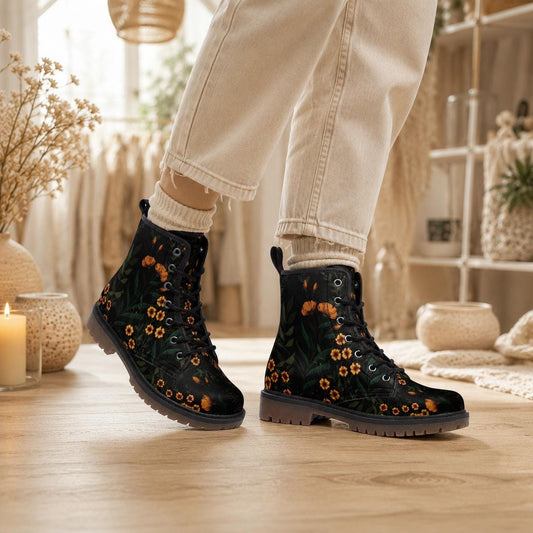 Black Floral Combat Boots, Cottage Goth Lace Up Ankle Boots, Moody Garden Shoes