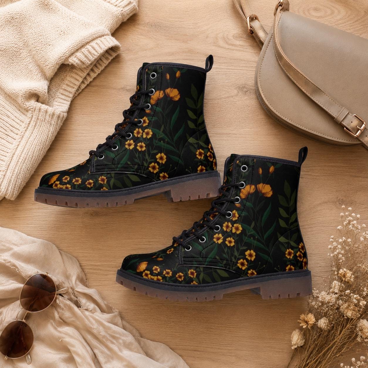Black Floral Combat Boots, Cottage Goth Lace Up Ankle Boots, Moody Garden Shoes
