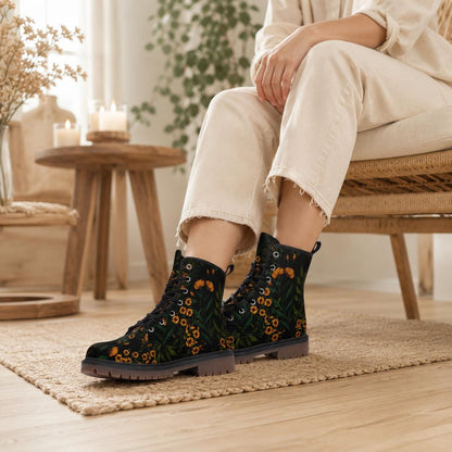 Black Floral Combat Boots, Cottage Goth Lace Up Ankle Boots, Moody Garden Shoes