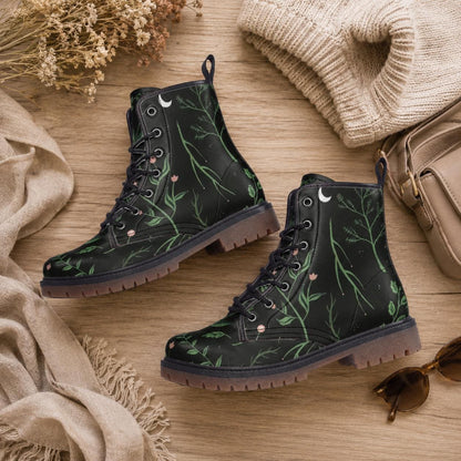 Green botanical combat boots, leaf lace up rave shoes, eco vegan leather