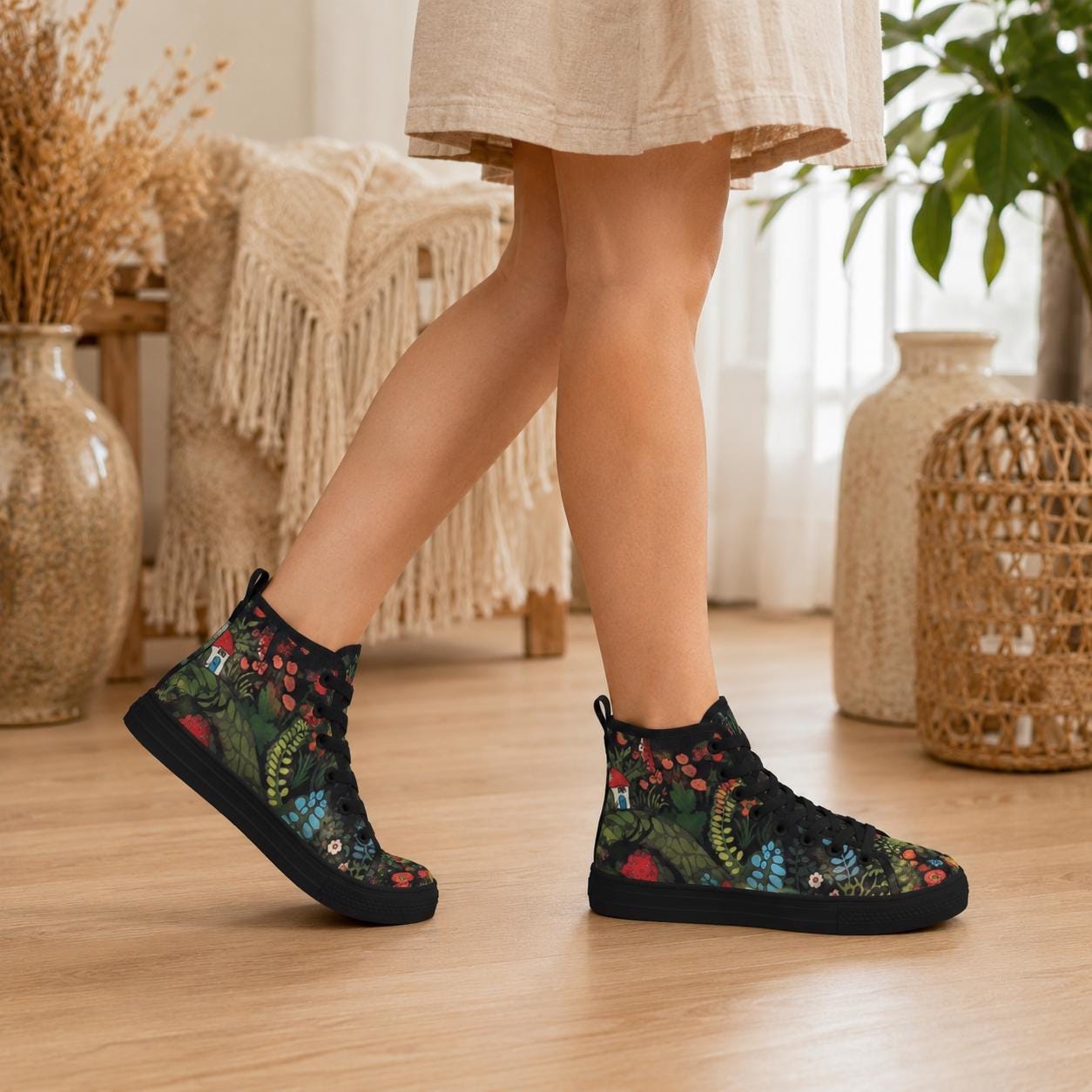 Botanical High Top Sneakers, Folk Art Wildflower Print Canvas Shoes
