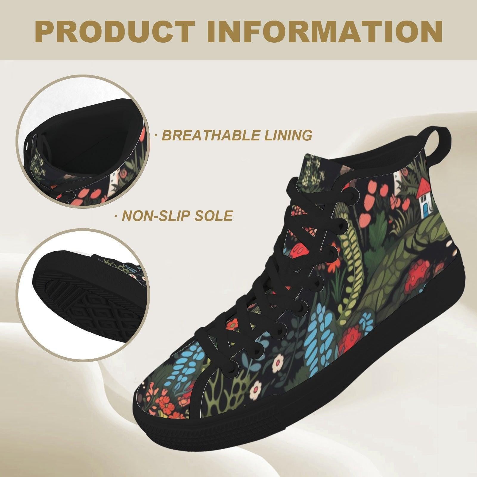 Botanical High Top Sneakers, Folk Art Wildflower Print Canvas Shoes