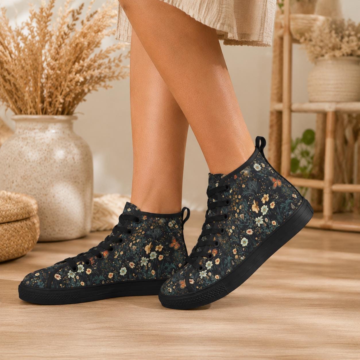 Dark Floral Butterfly High Top Sneakers, Cottagecore Botanical Lace Up Shoes