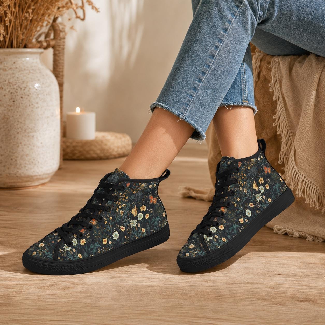 Dark Floral Butterfly High Top Sneakers, Cottagecore Botanical Lace Up Shoes