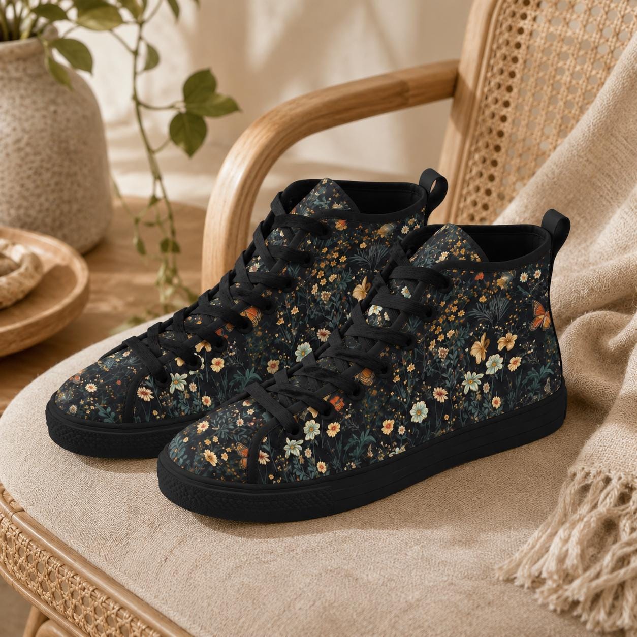 Dark Floral Butterfly High Top Sneakers, Cottagecore Botanical Lace Up Shoes
