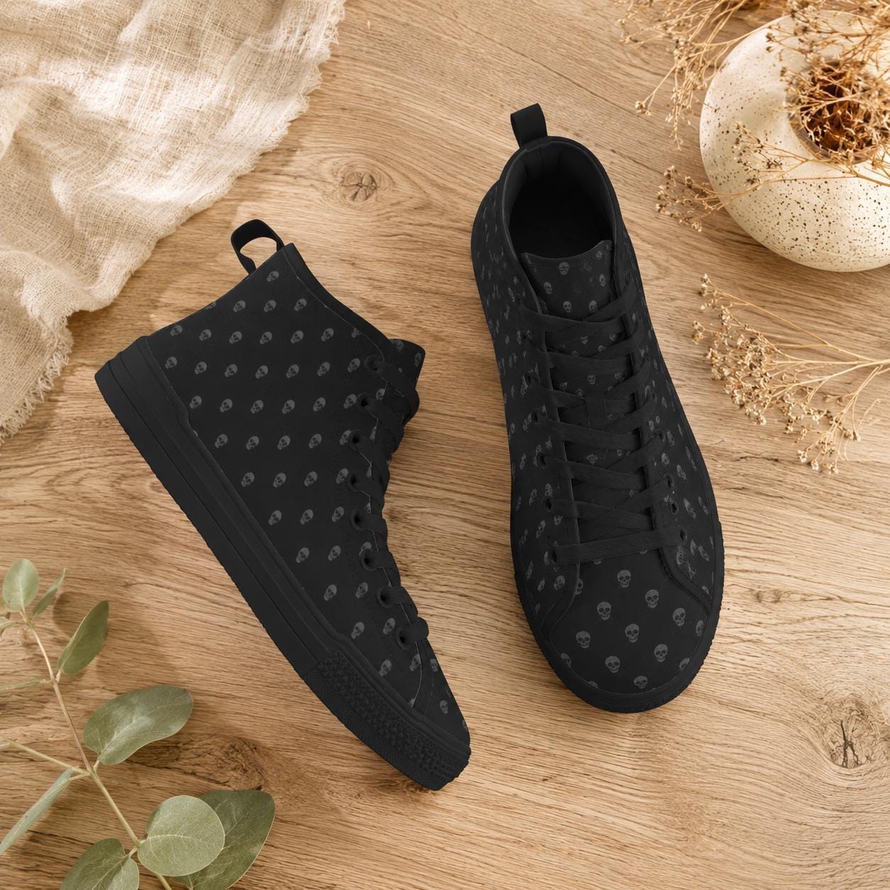 Black Skull Print High Top Sneakers, Gothic Lace Up Alternative Shoes