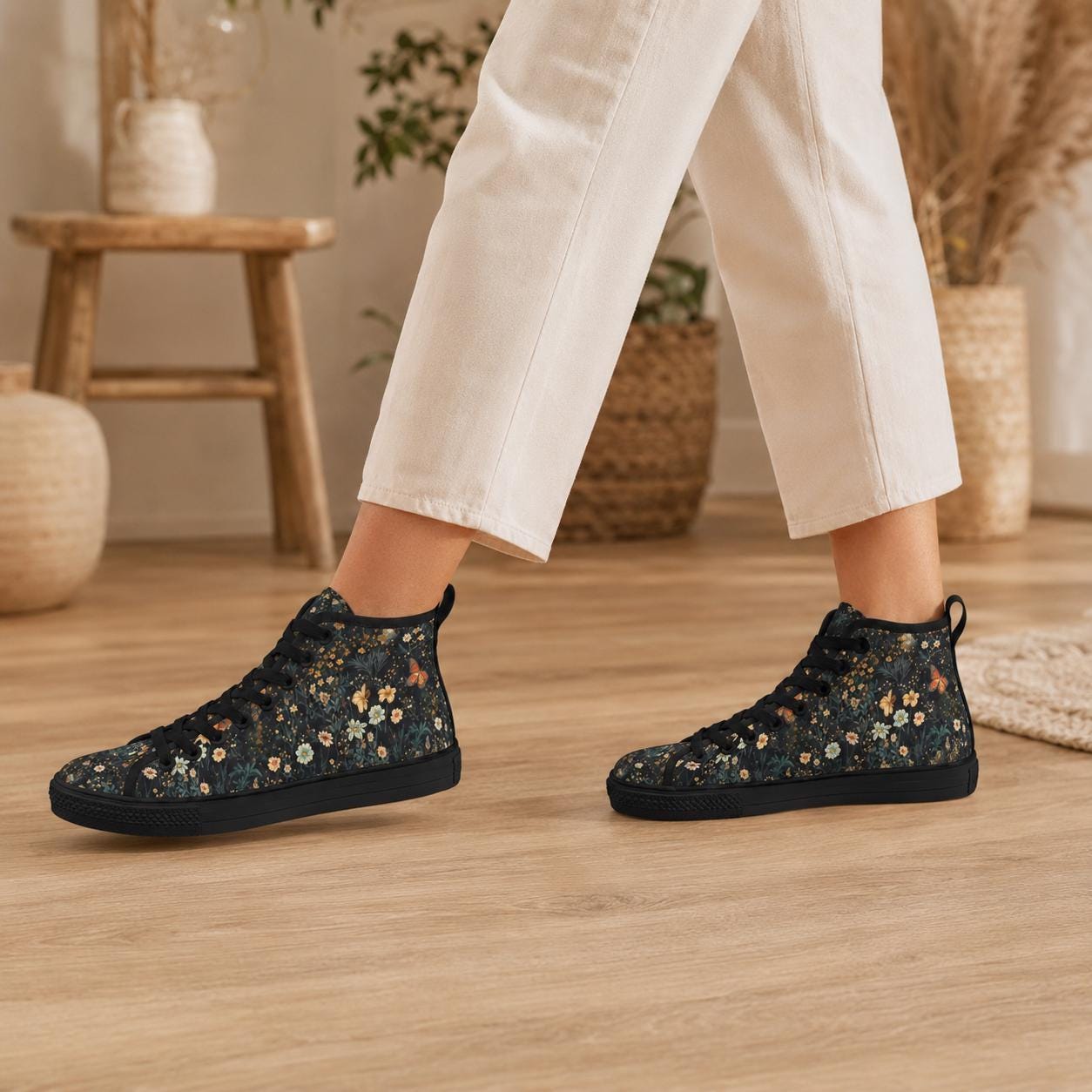 Dark Floral Butterfly High Top Sneakers, Cottagecore Botanical Lace Up Shoes