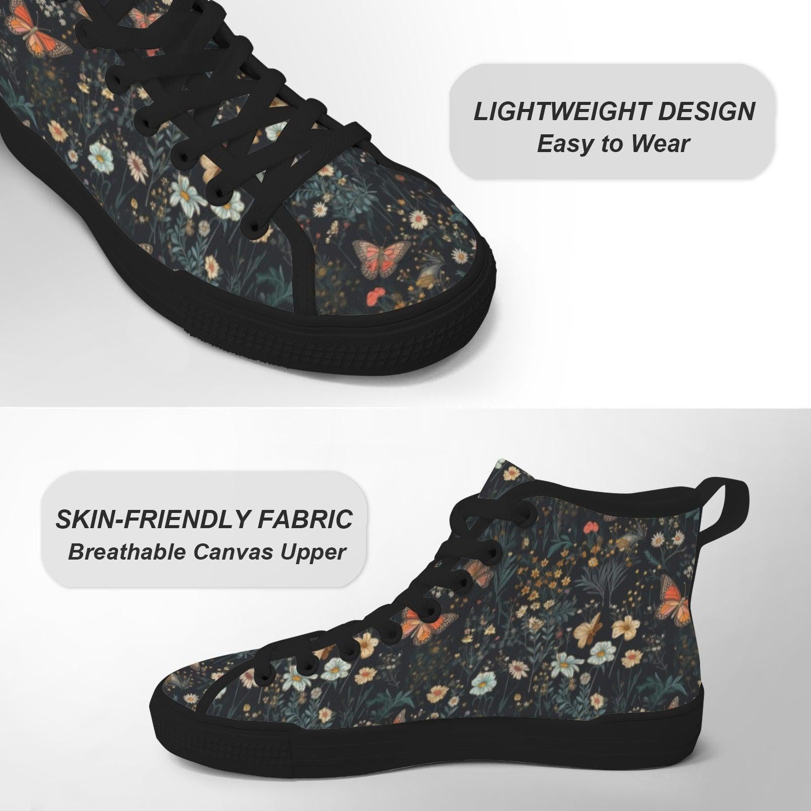 Dark Floral Butterfly High Top Sneakers, Cottagecore Botanical Lace Up Shoes