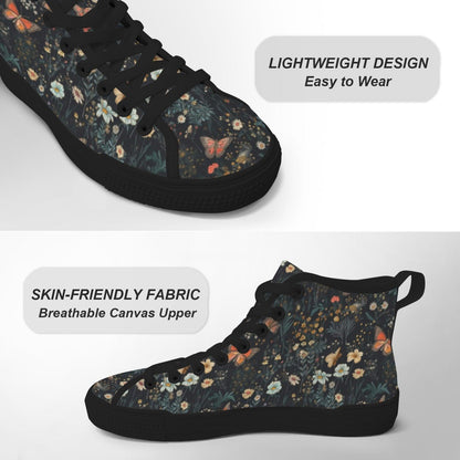 Dark Floral Butterfly High Top Sneakers, Cottagecore Botanical Lace Up Shoes
