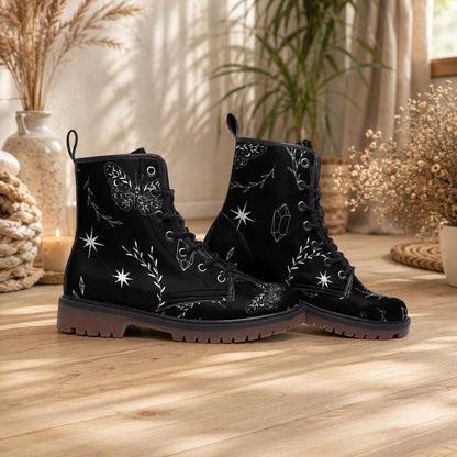 Celestial butterfly boots, black lace up shoes, witchy festival footwear
