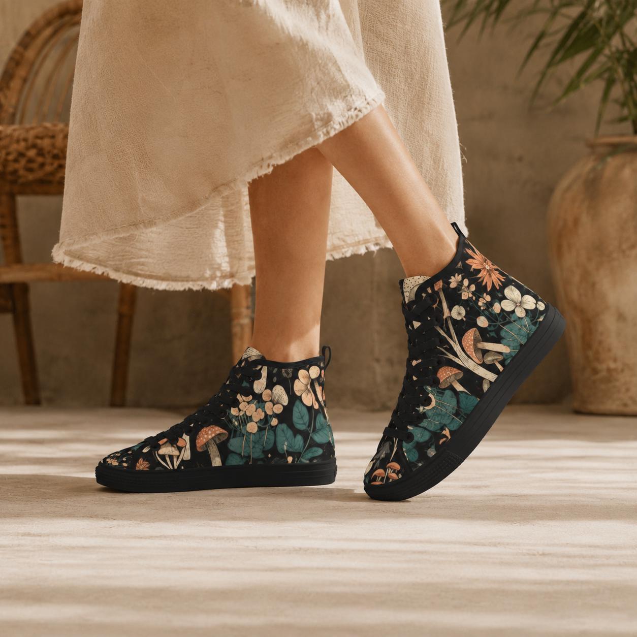 Mushroom High Tops, Black Botanical Floral Print Lace Up Sneakers