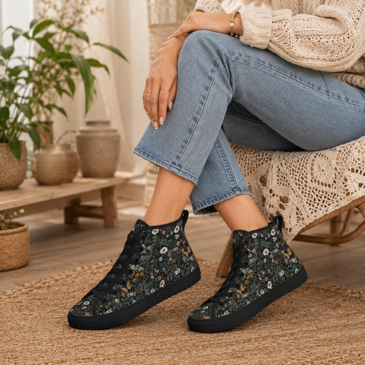 Dark Botanical Wildflower High Top Sneakers, Cottagecore Daisy Floral Canvas Shoes