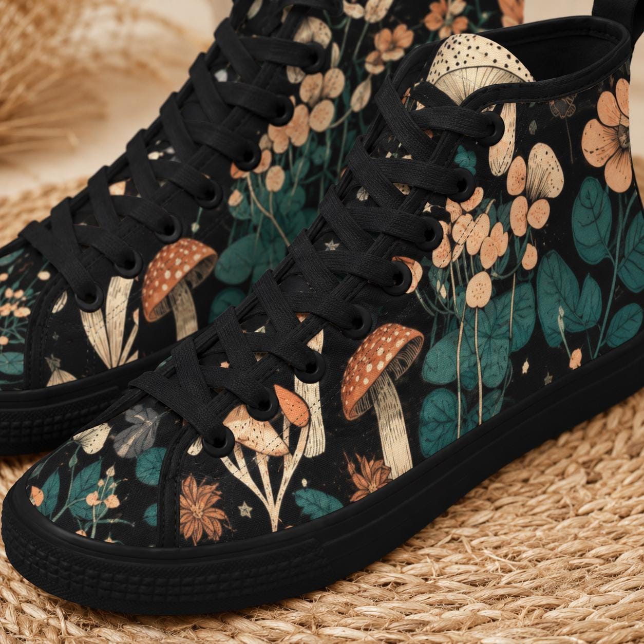 Mushroom High Tops, Black Botanical Floral Print Lace Up Sneakers