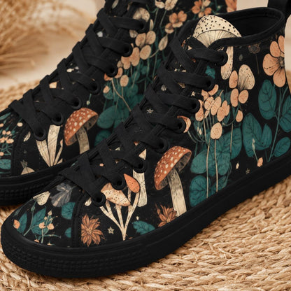 Mushroom High Tops, Black Botanical Floral Print Lace Up Sneakers