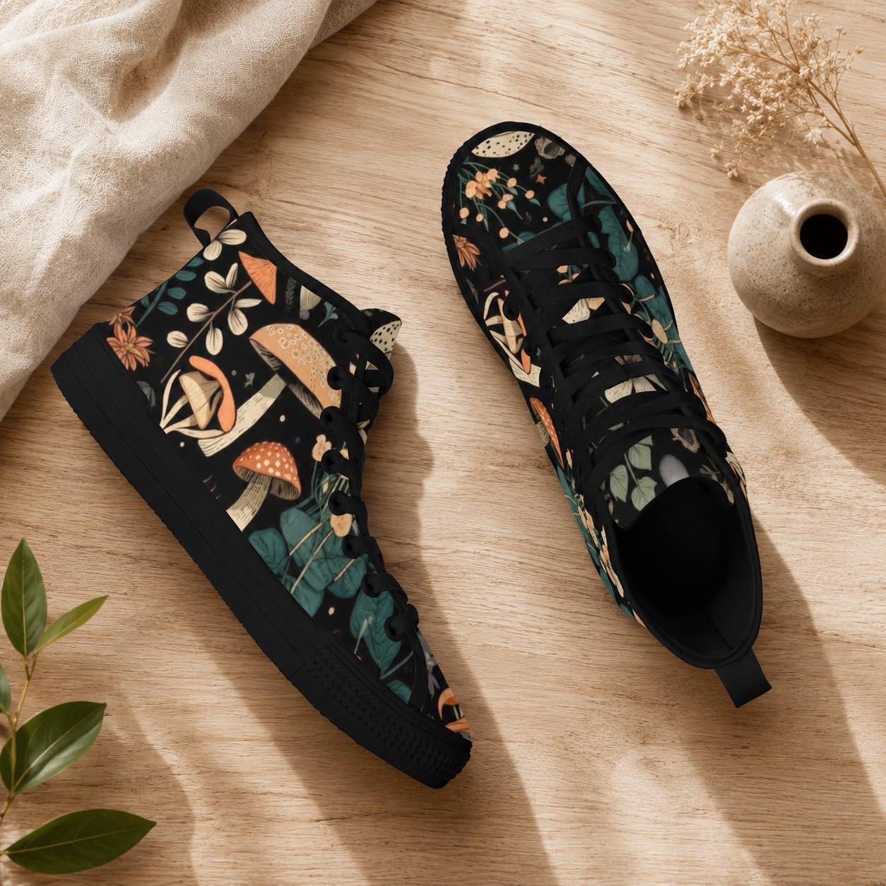 Mushroom High Tops, Black Botanical Floral Print Lace Up Sneakers