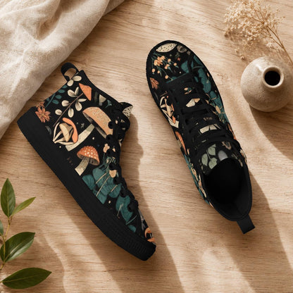 Mushroom High Tops, Black Botanical Floral Print Lace Up Sneakers