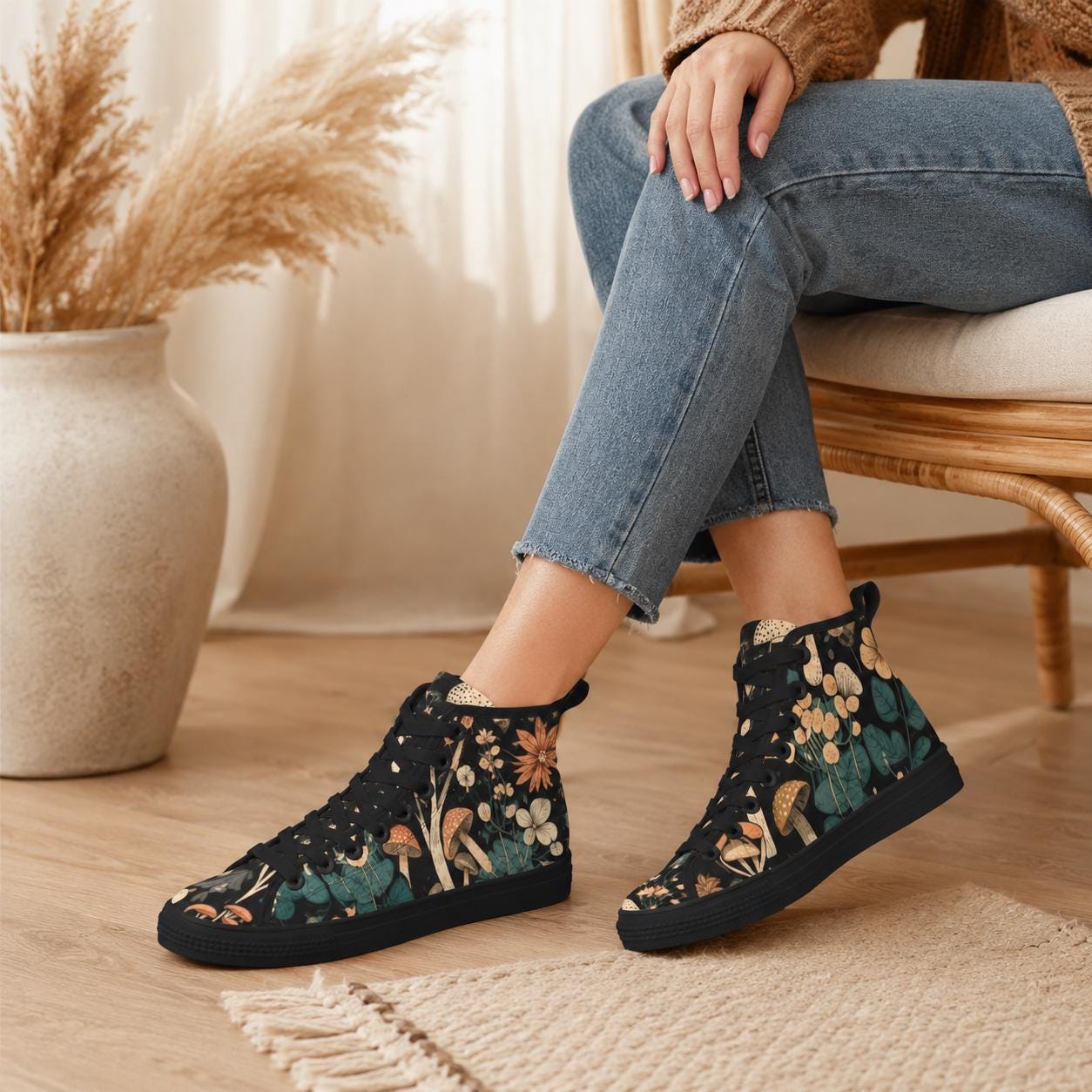 Mushroom High Tops, Black Botanical Floral Print Lace Up Sneakers