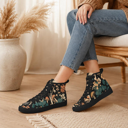 Mushroom High Tops, Black Botanical Floral Print Lace Up Sneakers