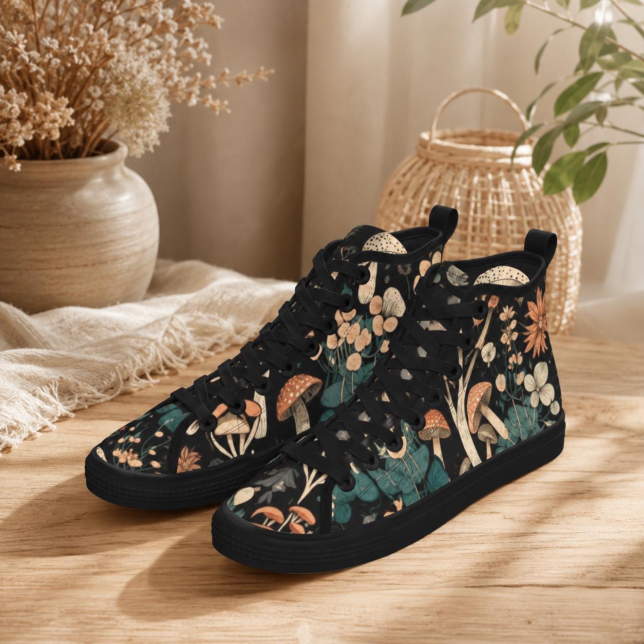 Mushroom High Tops, Black Botanical Floral Print Lace Up Sneakers