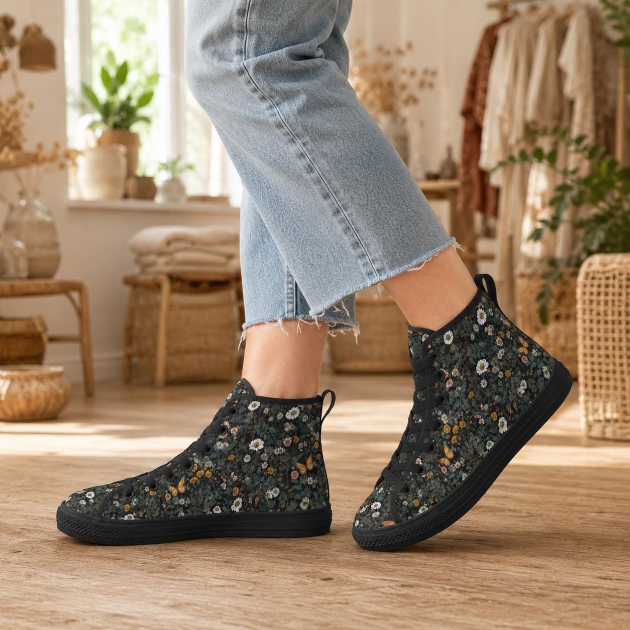 Dark Botanical Wildflower High Top Sneakers, Cottagecore Daisy Floral Canvas Shoes