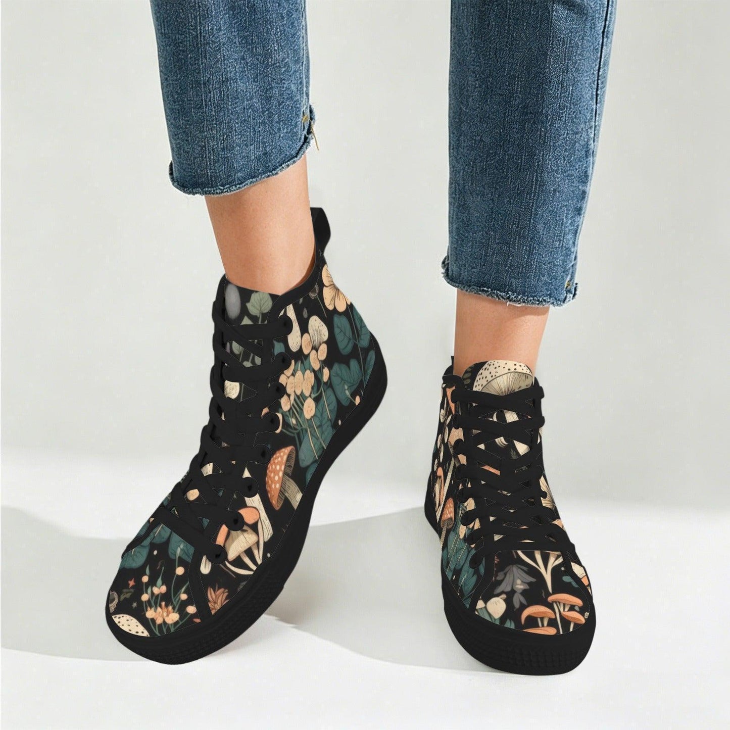 Mushroom High Tops, Black Botanical Floral Print Lace Up Sneakers