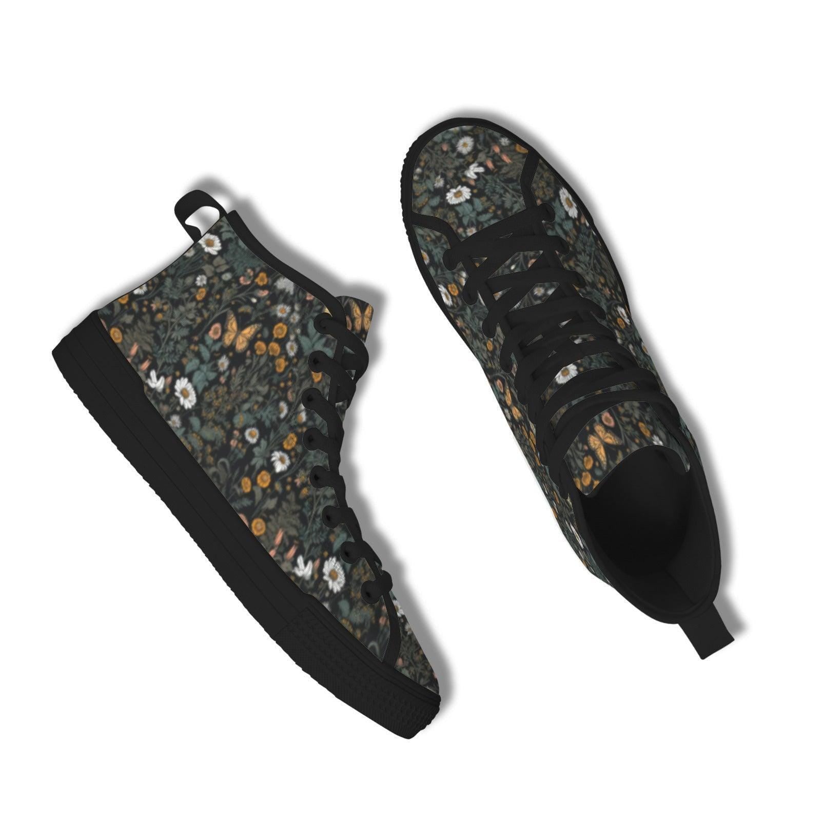 Dark Botanical Wildflower High Top Sneakers, Cottagecore Daisy Floral Canvas Shoes