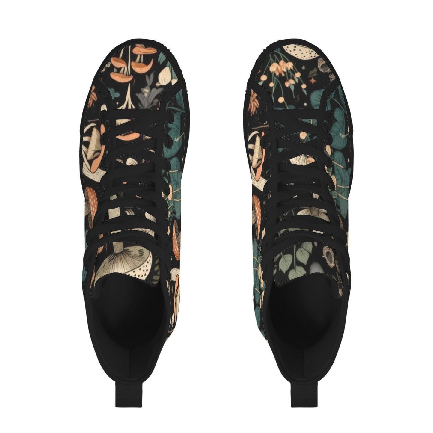 Mushroom High Tops, Black Botanical Floral Print Lace Up Sneakers