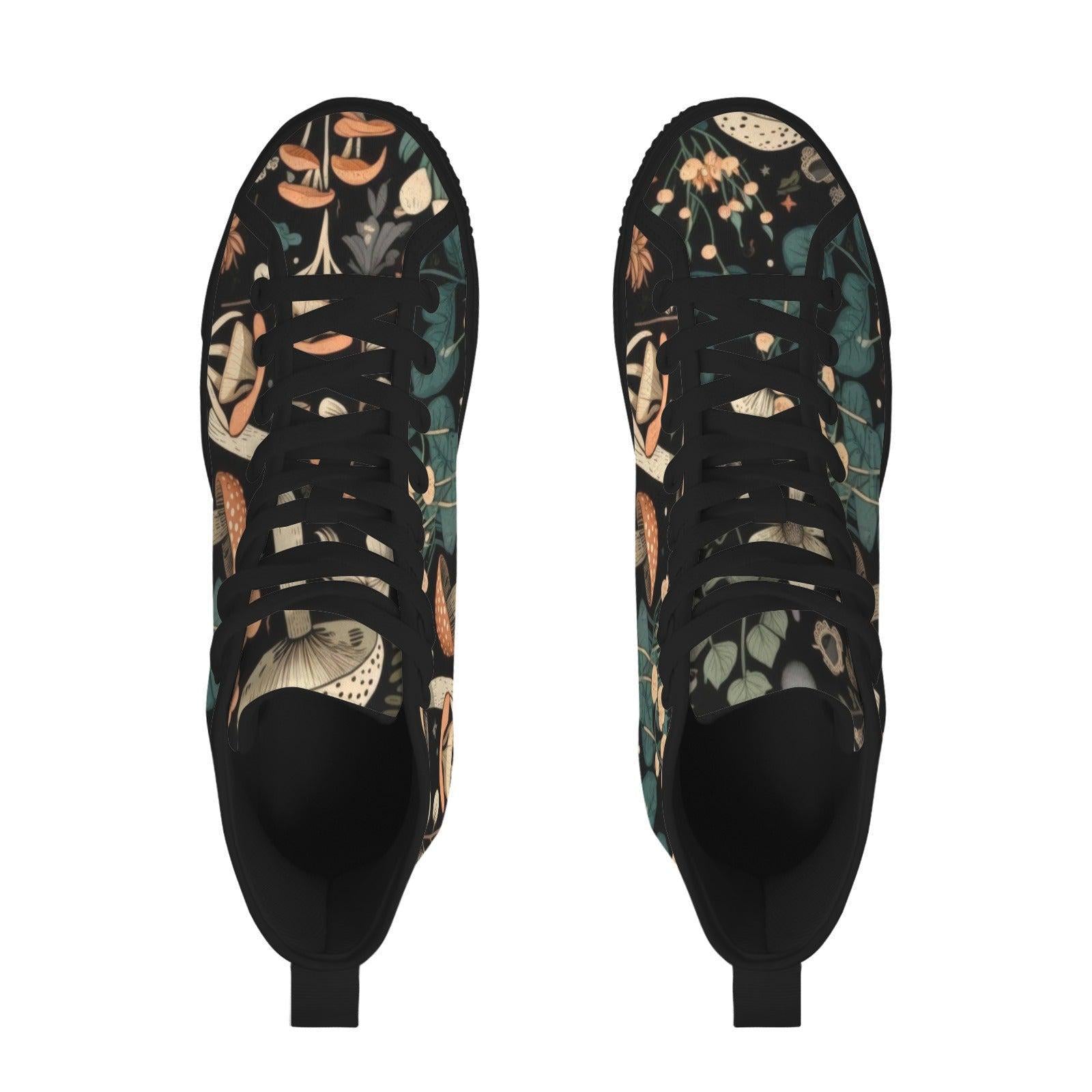 Mushroom High Tops, Black Botanical Floral Print Lace Up Sneakers