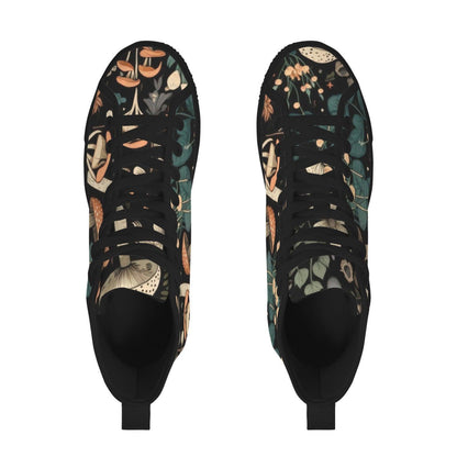 Mushroom High Tops, Black Botanical Floral Print Lace Up Sneakers